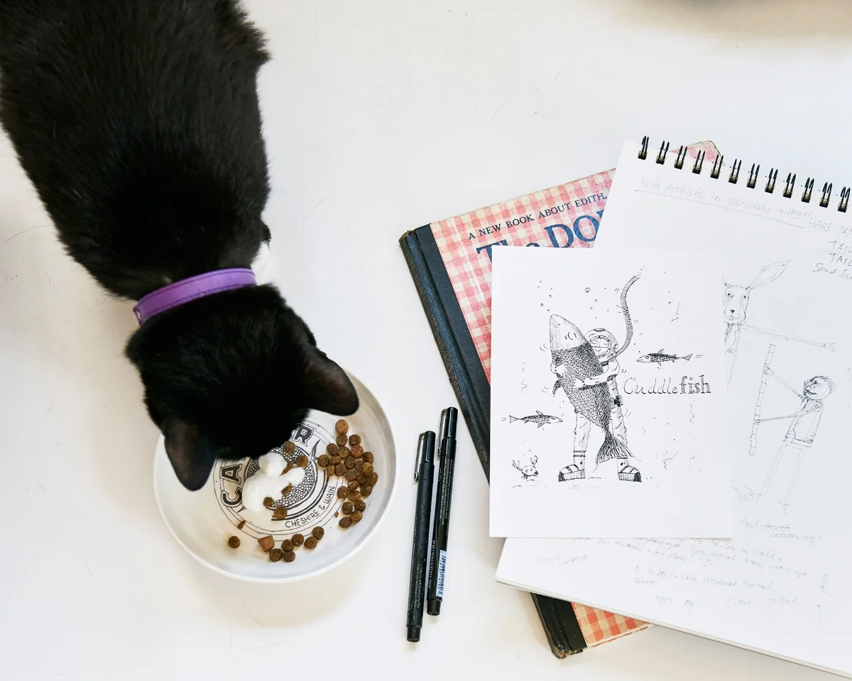 Nappo and eating out of a Cheshire and Wain bowl, artwork by @Ferdidnand.ink