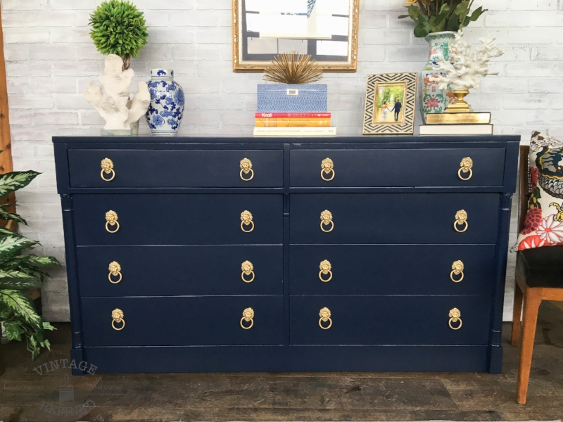Vintage Refined Traditional Navy Dresser, Navy Blue Dresser With Gold Hardware