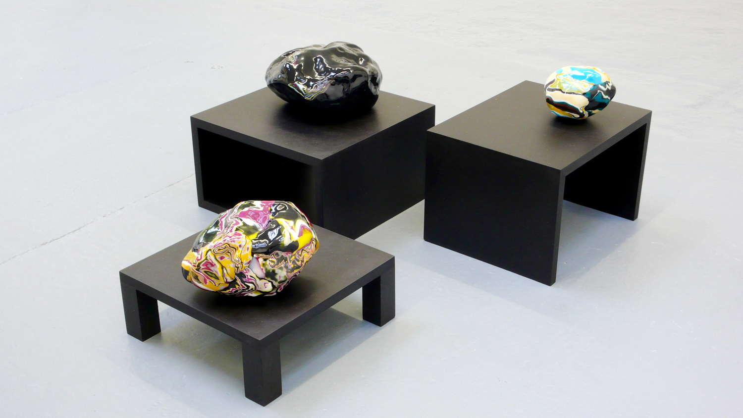  Erratic pebbles Vll, Vlll, lX, 2008, pvc, varnish, wire, paper, wood, dimensions variable 