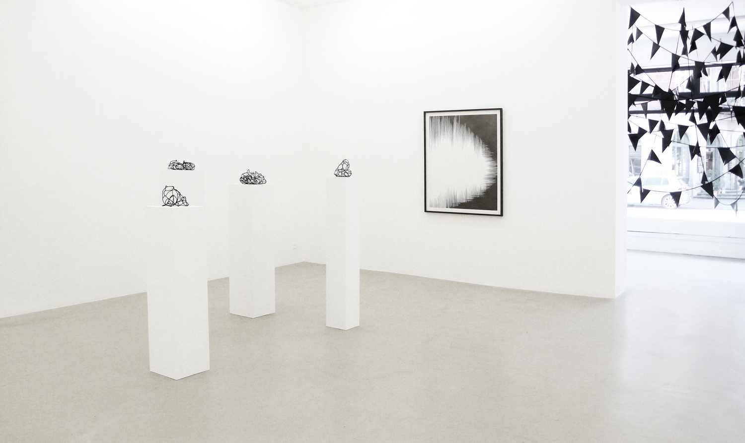    crystal silence l-lV   , 2011, wire, beads, dimensions variable  ; dust l  , 2011, pencil on paper, 110 x 86cm  ; rift  , 2011, plastic, textiles, dimensions variable      hyle, 2011, Lullin + Ferrari, Zürich 