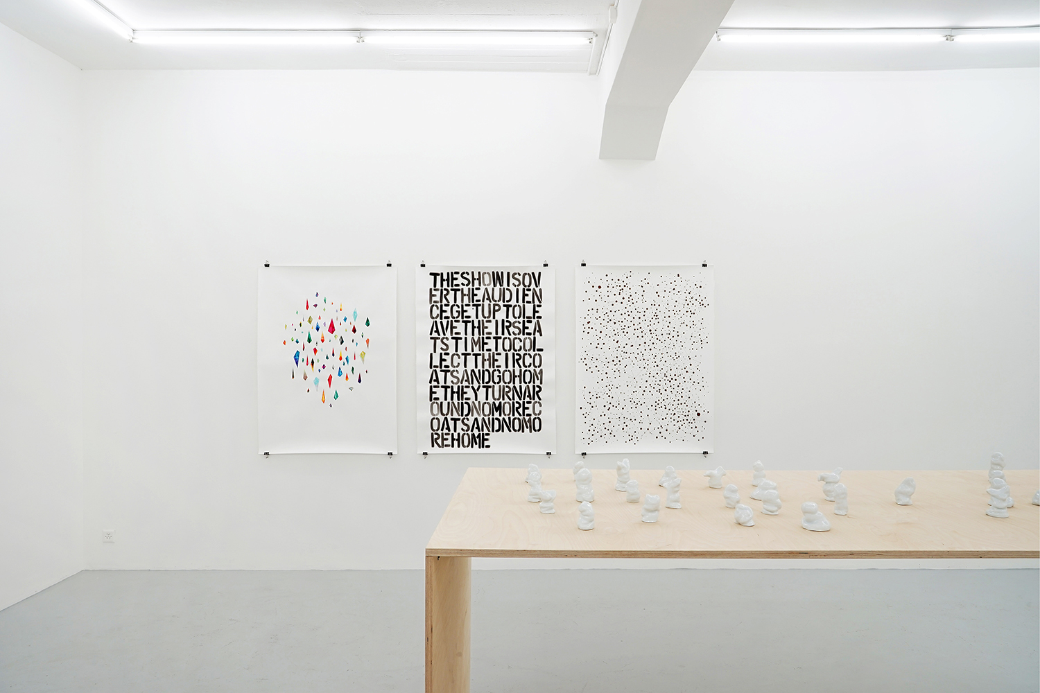  gspängschtli, 2016, porcelain, dimensions variable; vision cloud, 2016, ink, pencil, gouache, spray paint, each 131 x 101cm 