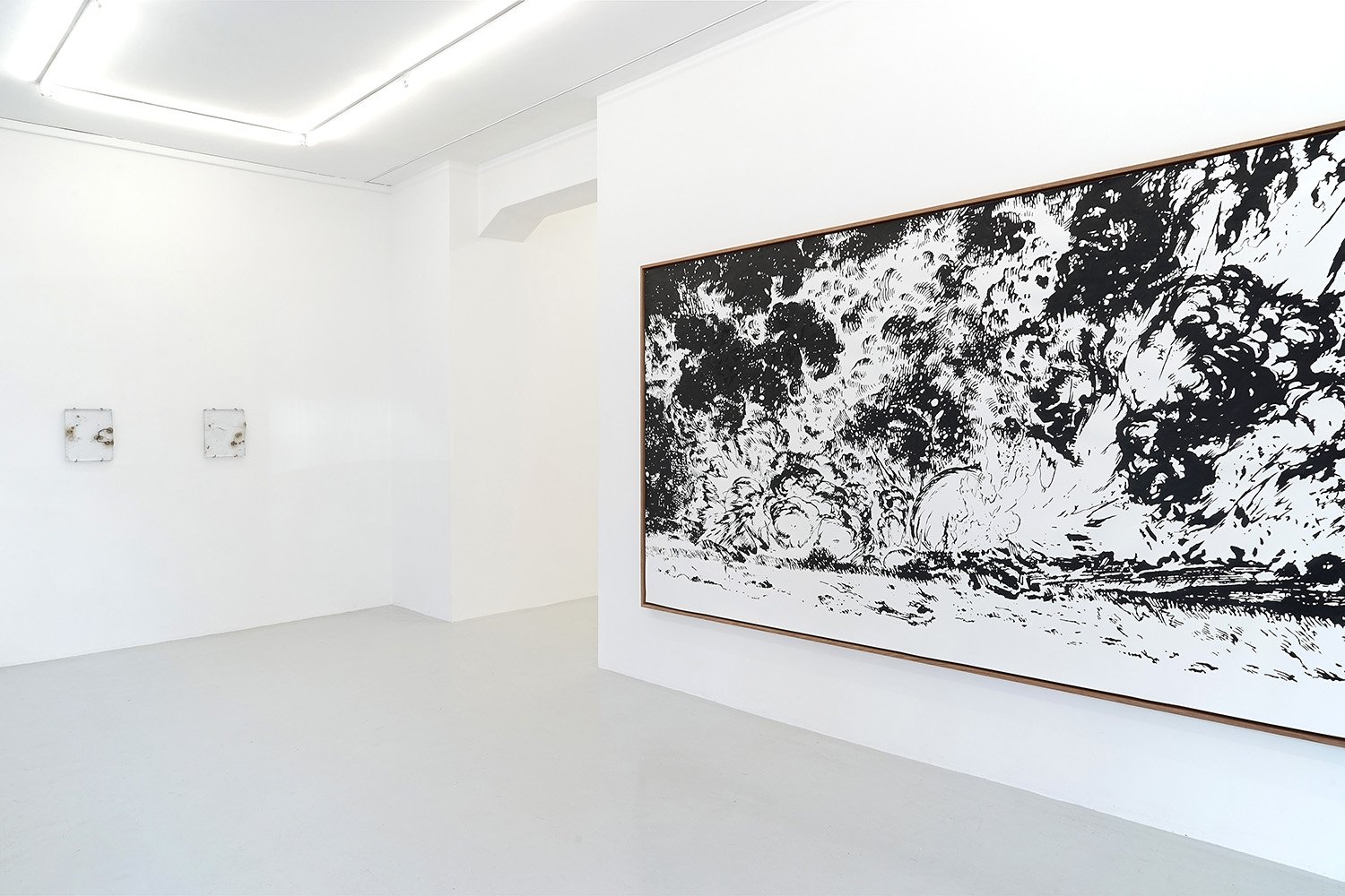  left: by Julia Steiner:  Cosmos (Branch) 1, Cosmos (Branch) 3 , Glass, branches, unique, 35 x 28 x 4 cm  right:  Nothing Else Matters , 2021, ink on paper, 190 x 380 cm   Landscape with Landscape  at Lullin + Ferrari, Zürich 