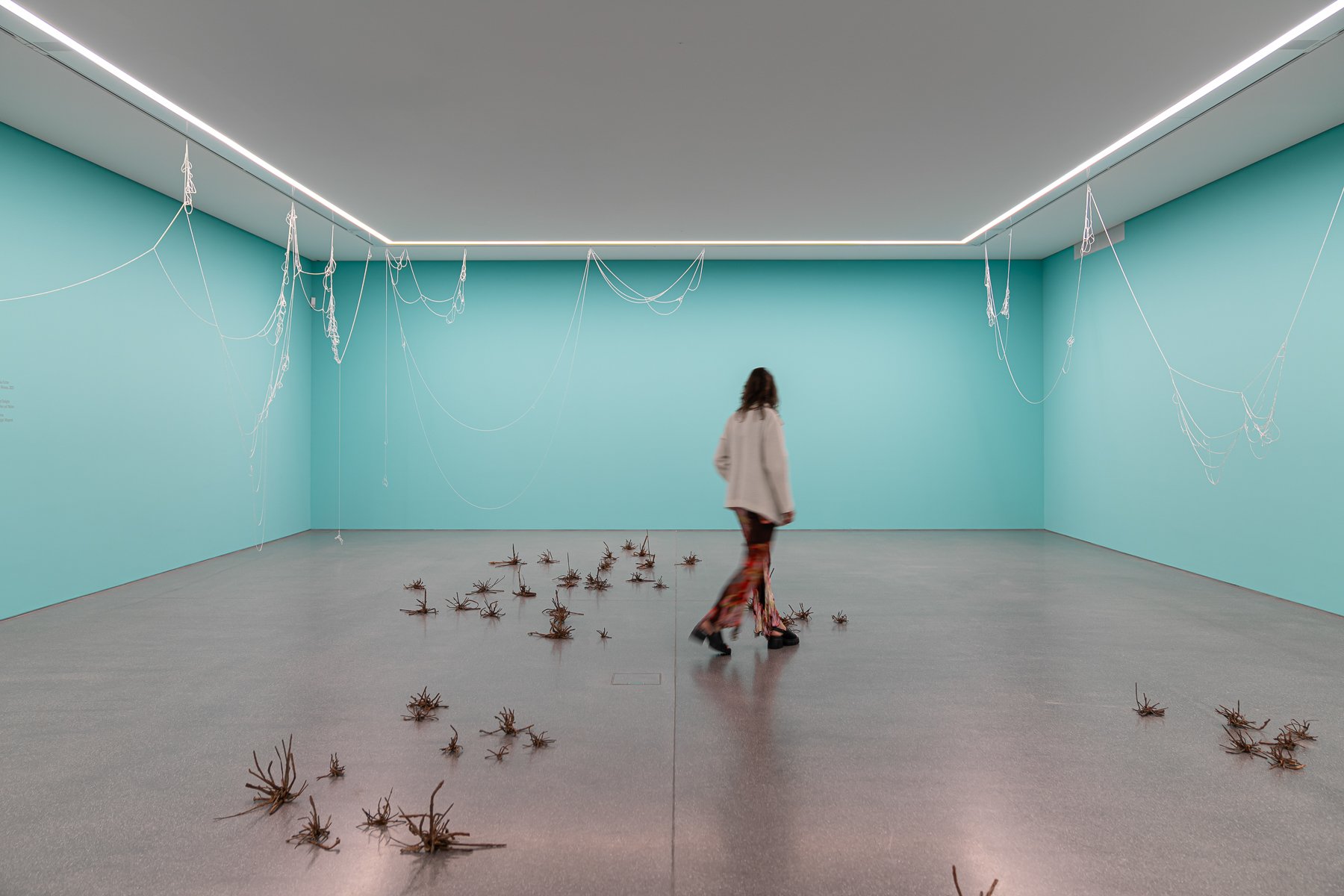  Making Waves   Installation with ‘Atoms of Delight’ (glass beads and nylon thread), ‘Small Fires’(nails and magnets) and wall paint  at Bündner Kunstmuseum, Chur  Fotocredit: Yanik Bürkli, on the picture: Lika Nüssli 