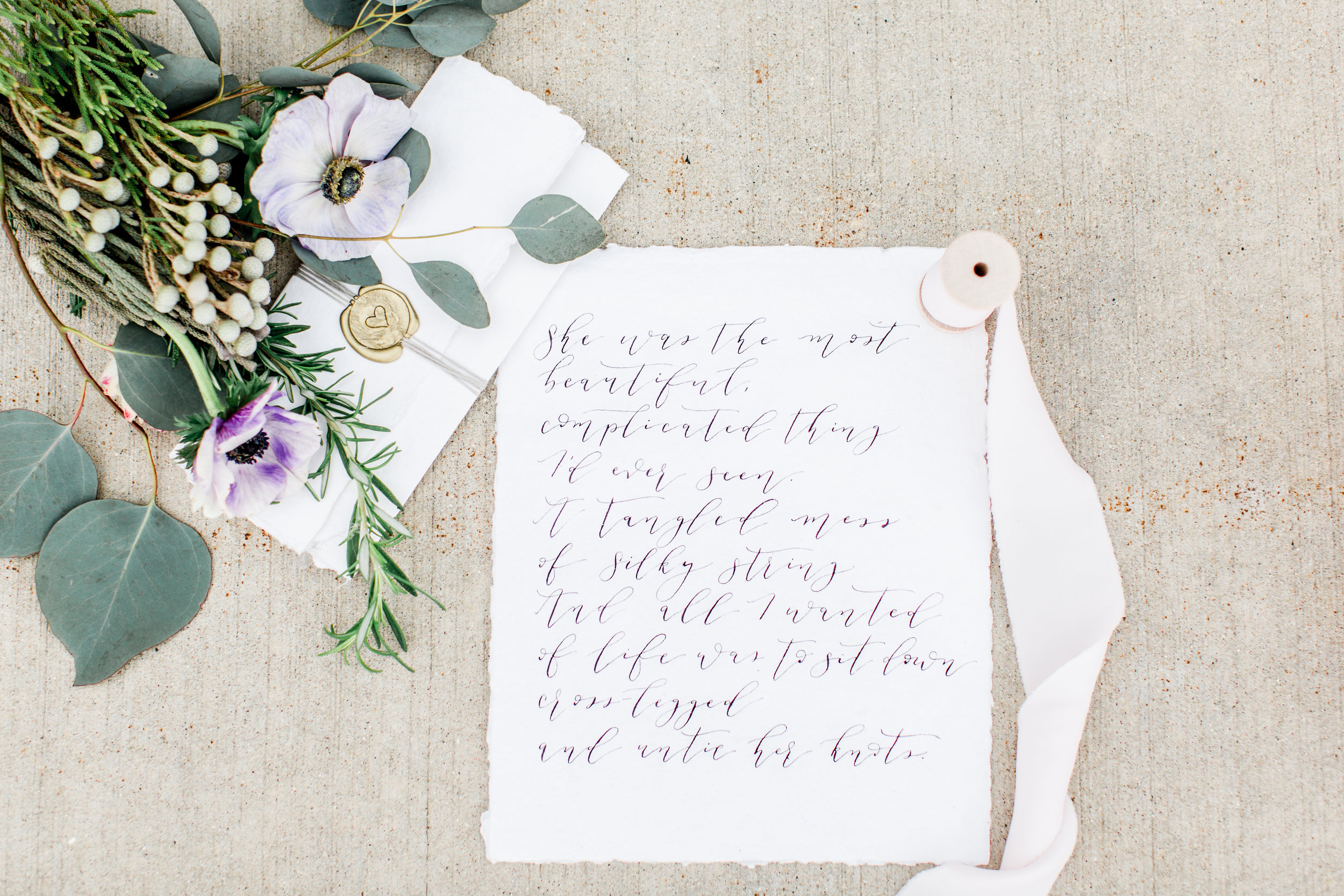 Beautiful calligraphy poem + wax seal by Shelby Made It, ribbon by Torn & Tied