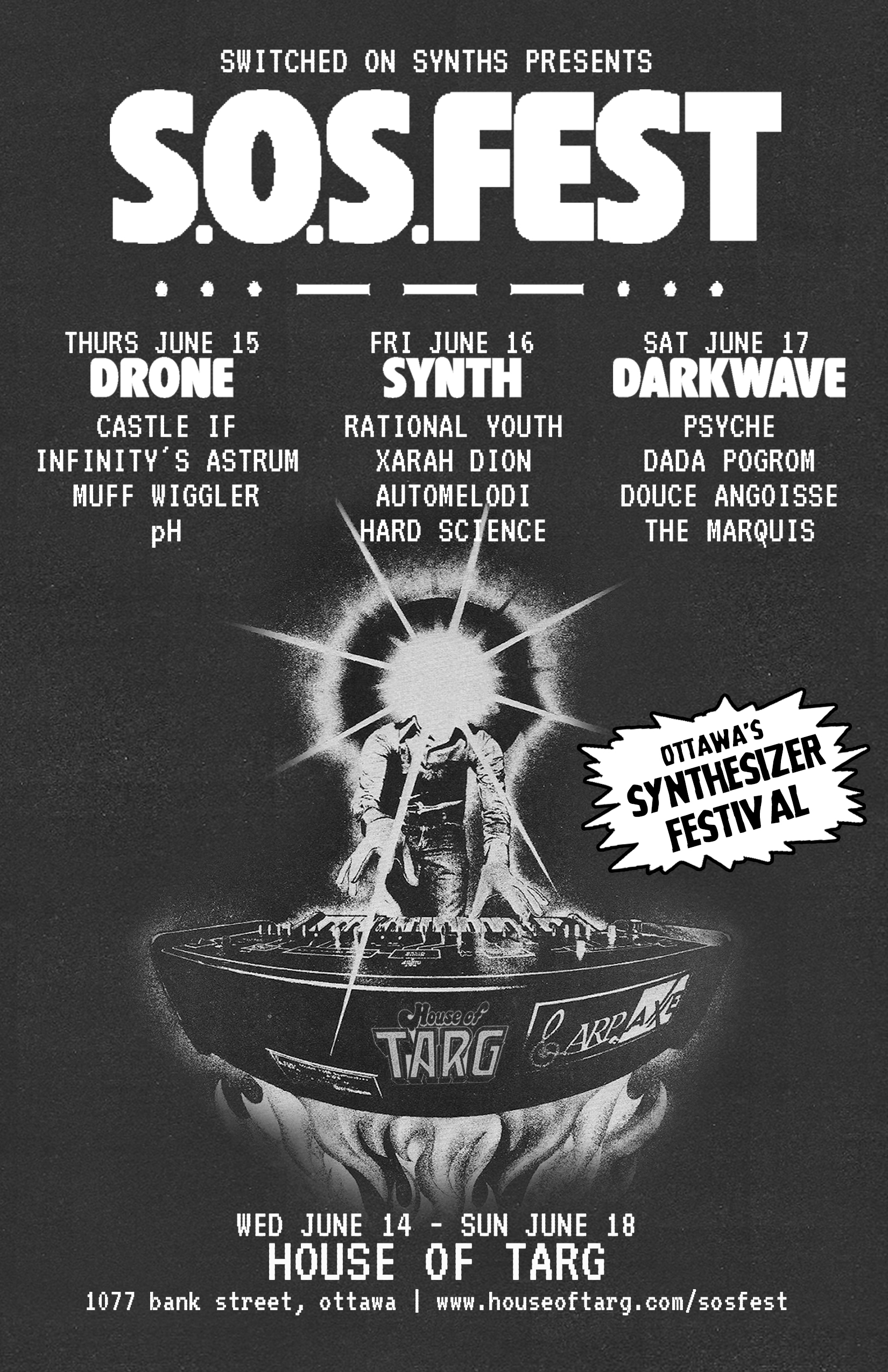 THE OFFICIAL S.O.S.fest ZINE: Everything you need to know about the Switch On Synths festival happening June 14-18 at TARG download the PDF here.
