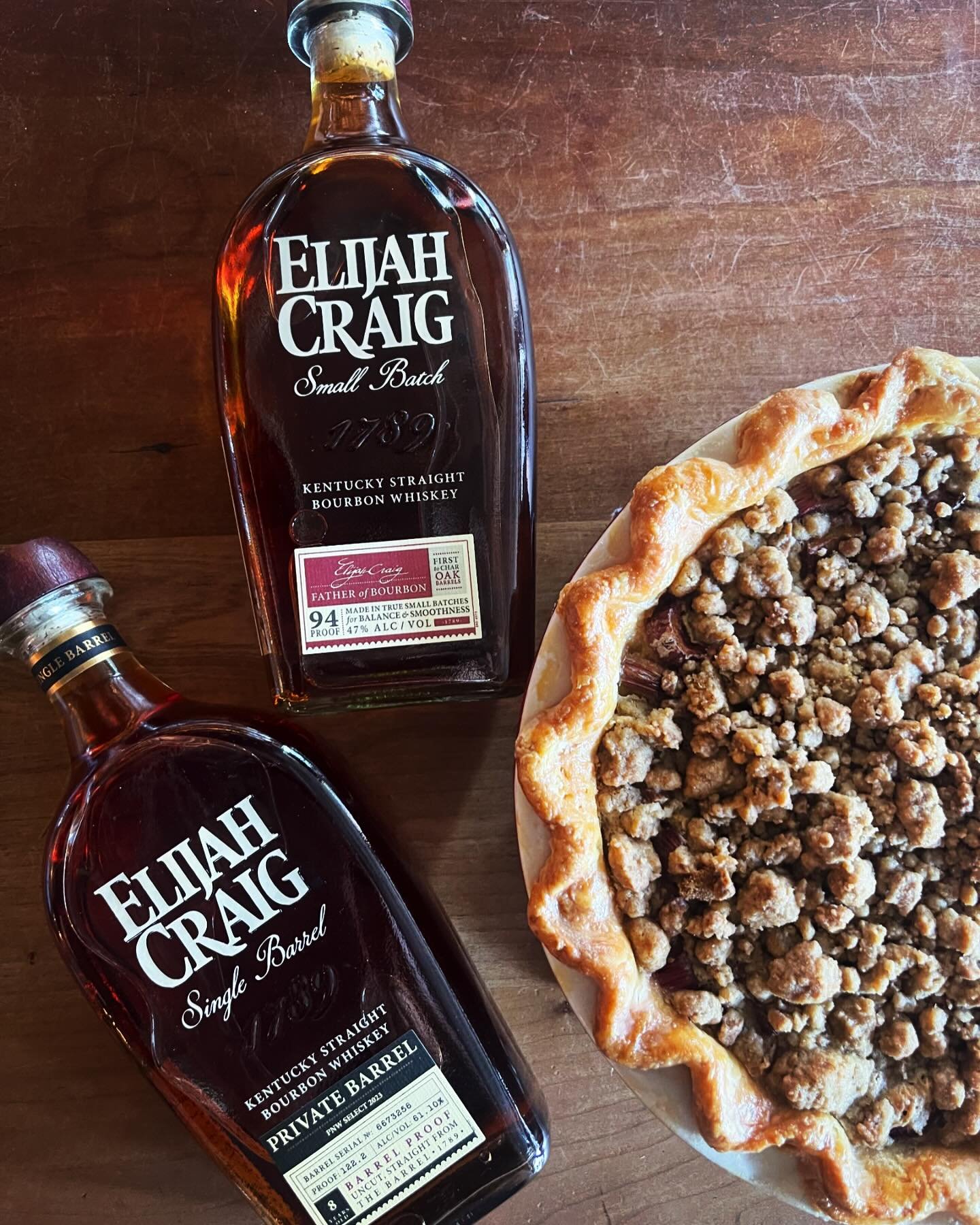 Pie &amp; Whiskey Wednesday! Rhubarb amaro custard pie with gingersnap crumble &amp; 25% off select Elijah Craig. Bar opens at 4pm, see you soon 😎