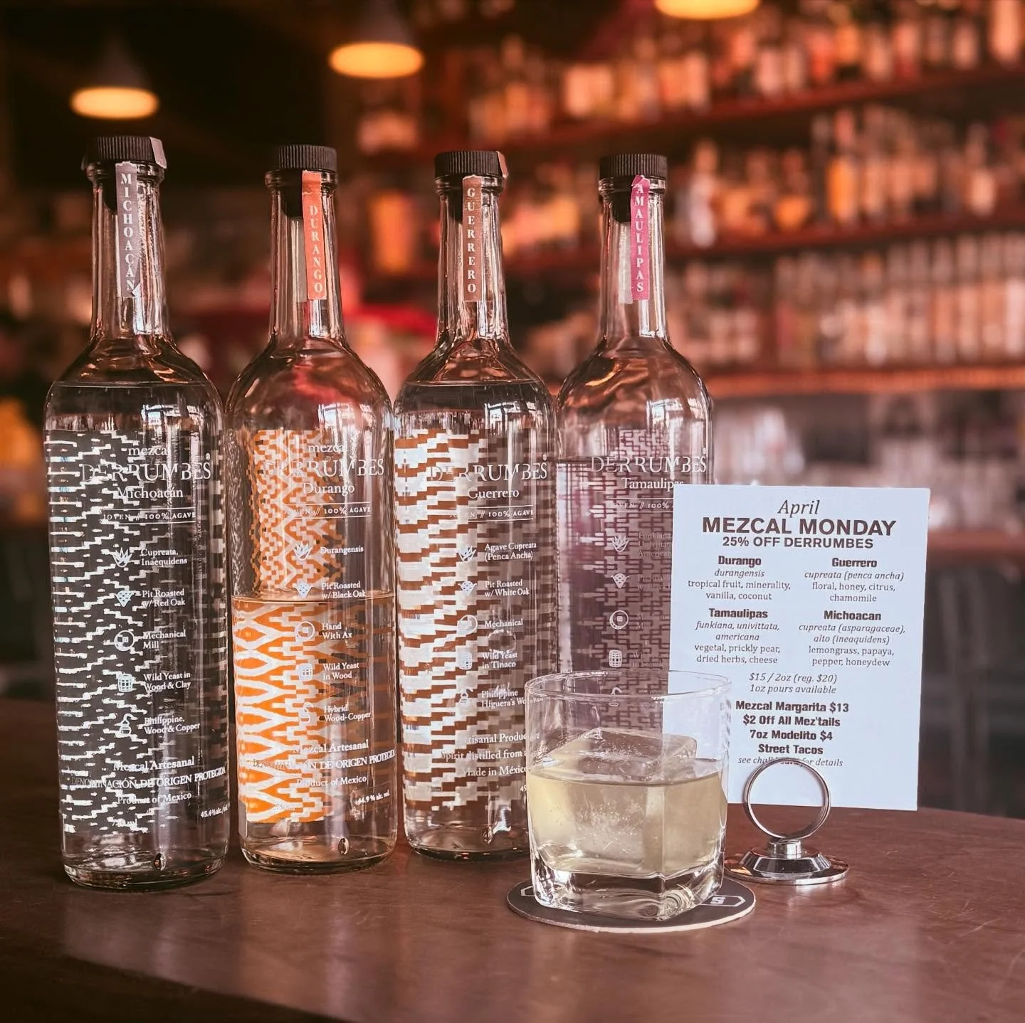 With April comes new featured mezcal every Monday at 25% off each 1 or 2oz pour! Come in and try @mezcalderrumbes or have any mez&rsquo;tail at $2 off including Lain&rsquo;s new homemade mezcal limoncello 🍋