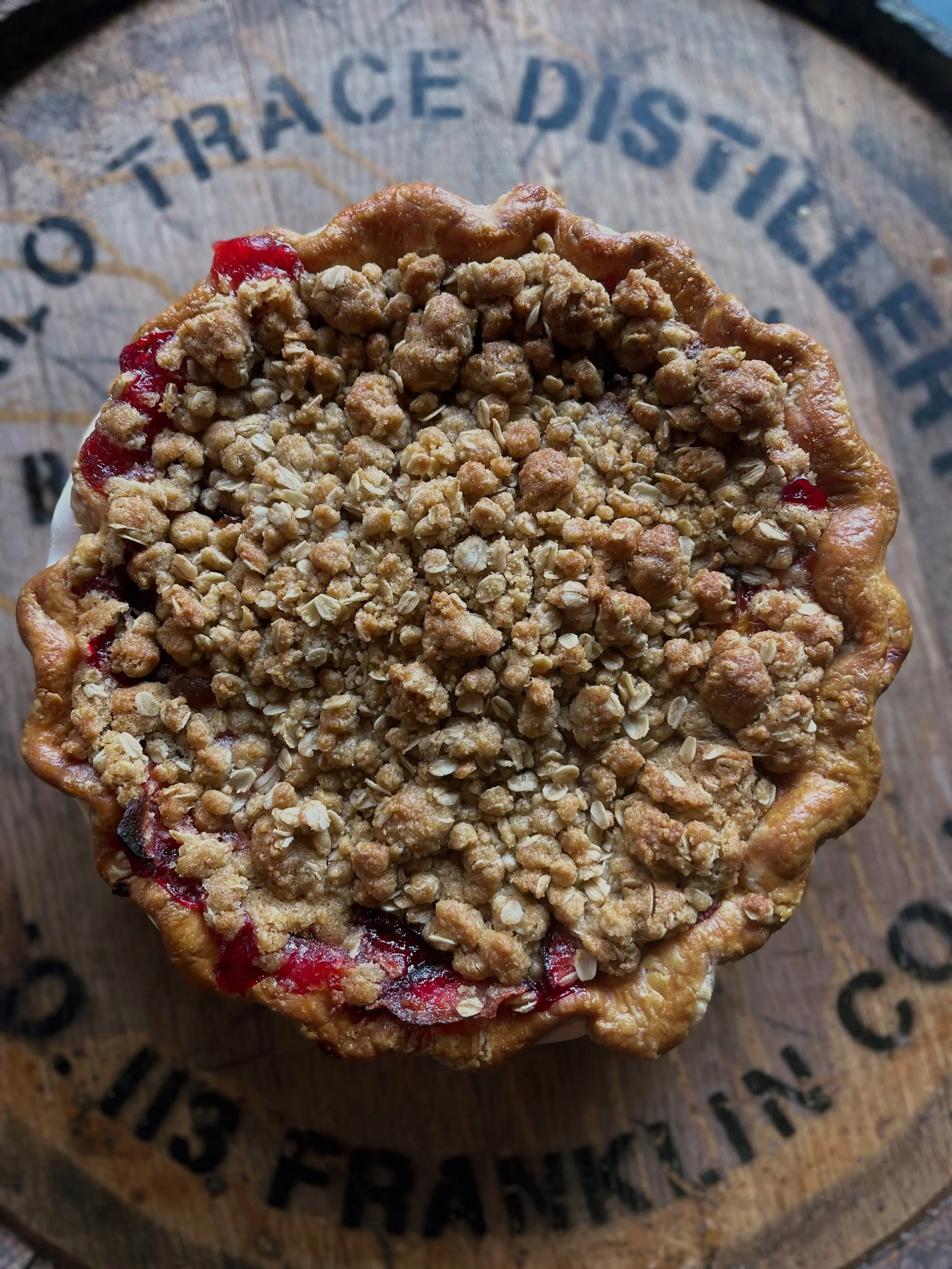 Pie &amp; Whiskey Wednesday! 
New month, new booze. $2 off @wellerbourbon Special Reserve &amp; @staggbourbon, paired with late summer peach-plum crumble pie. Come party! 🥃🥧