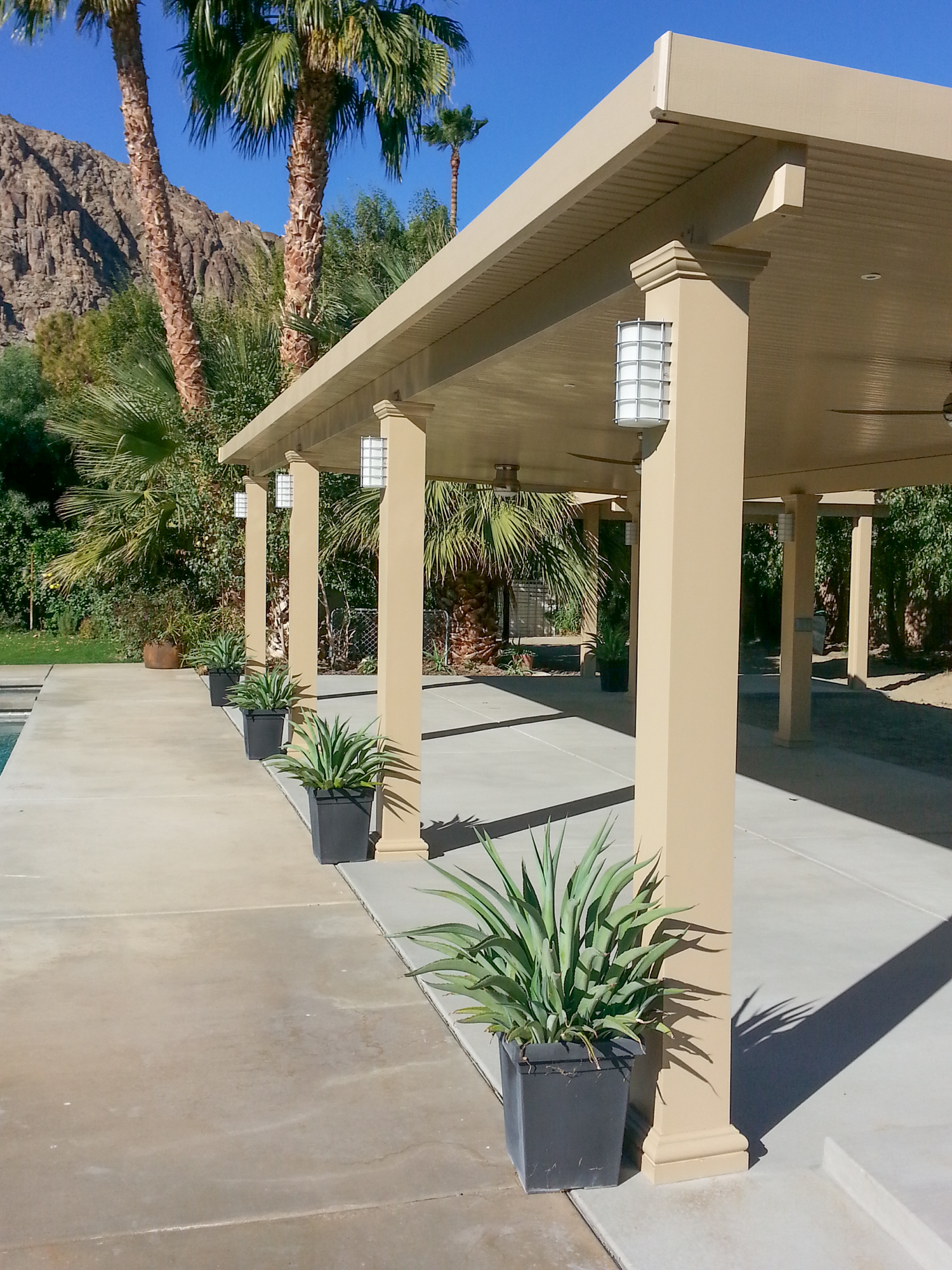 Custom Light Fixtures on Solid Patio Cover, Indio, CA 