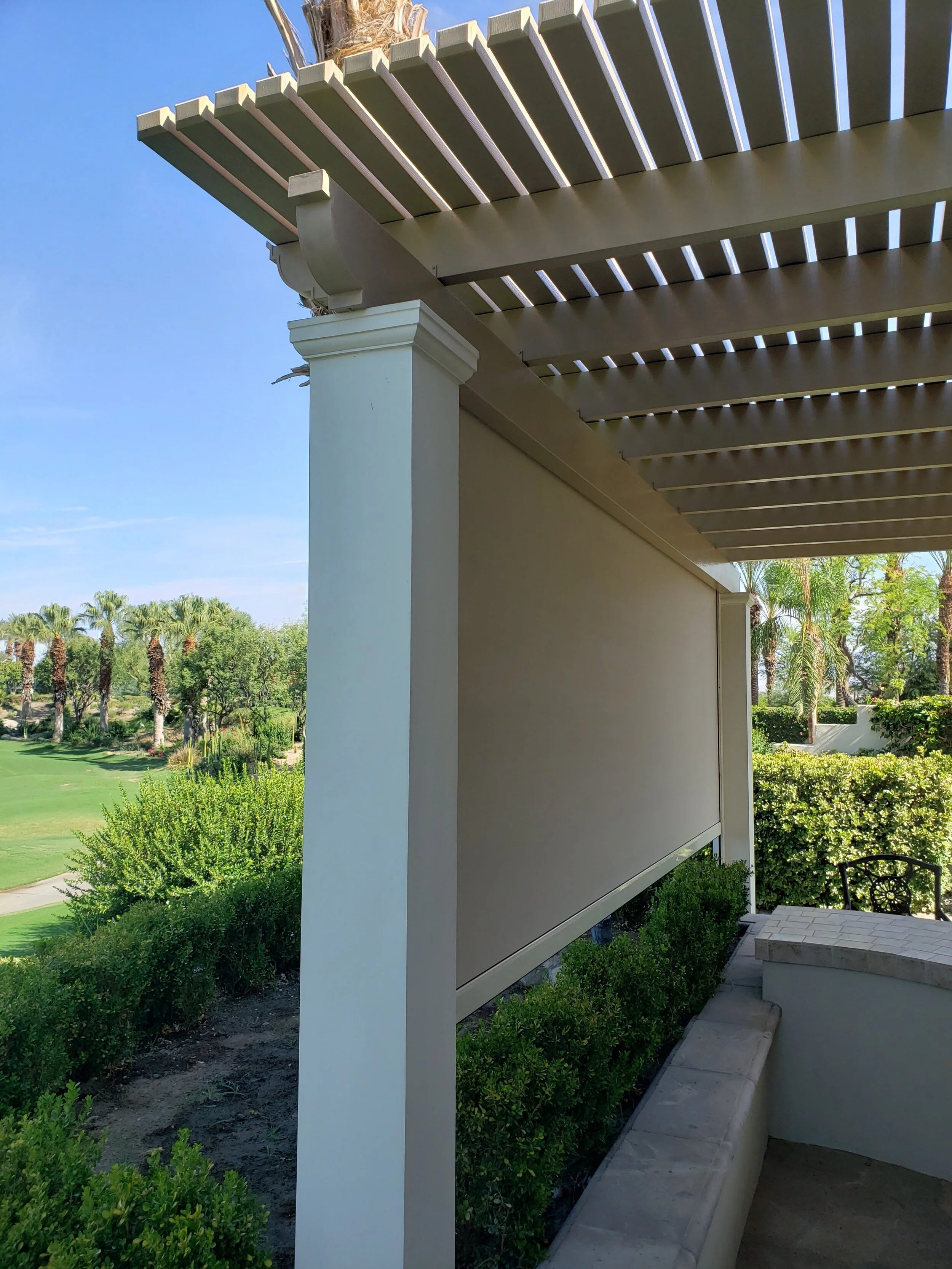 sliding shade canopy for pergola on Drop Screens In Coachella Valley And Riverside Valley Patios Custom Aluminum Patio Cover Specialists