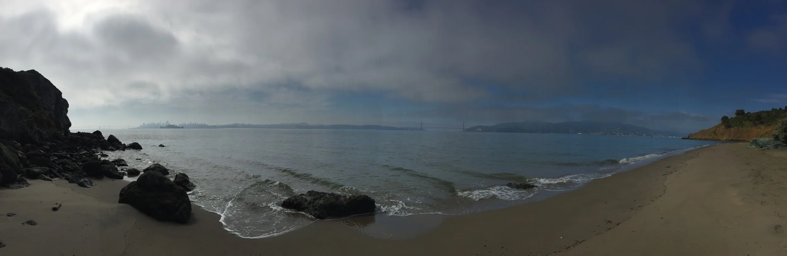 From left to right: Bay Bridge, downtown SF, Alcatraz, more SF, Fort Mason, the Marina, the Presidio, the Golden Gate Bridge, and downtown Sausalito. Click to zoom.
