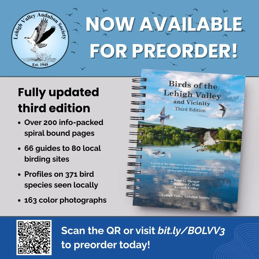 Announcing Birds of the Lehigh Valley and Vicinity, 3rd Edition
Fully revised and now available for preorder!

Price: $25.95 per copy plus shipping
All proceeds support LVAS conservation and public outreach programs.

Discover where to bird and what 