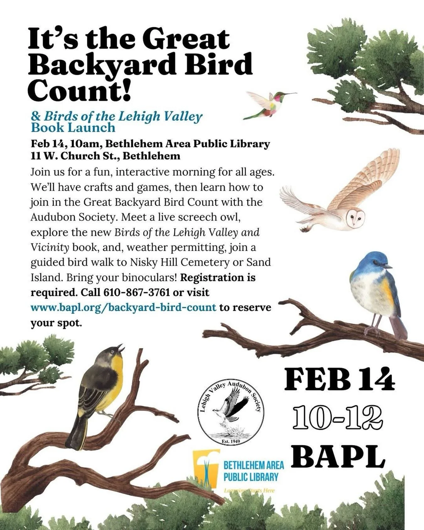 It&rsquo;s about that time!! 

Please join us for this year&rsquo;s Great Backyard Bird Count Party Feb. 14 from 10 to 12 in a brand new format! We&rsquo;ll be at the Bethlehem Public Library community room, and we&rsquo;ll be combining the bird coun