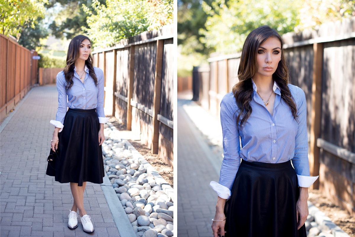 WEARING: Uniqlo Pinstripe Shirt (similar here , and here ), French Connection Skirt , Missguided Pointed Lace Up Brogues , Pamela Love Tribal Spike Necklace , Love Juliet Pearl Hardware Bangle , Alexis Russell Ring , Prismera Design Bar Pavé Rings , Céline Audrey Sunglasses