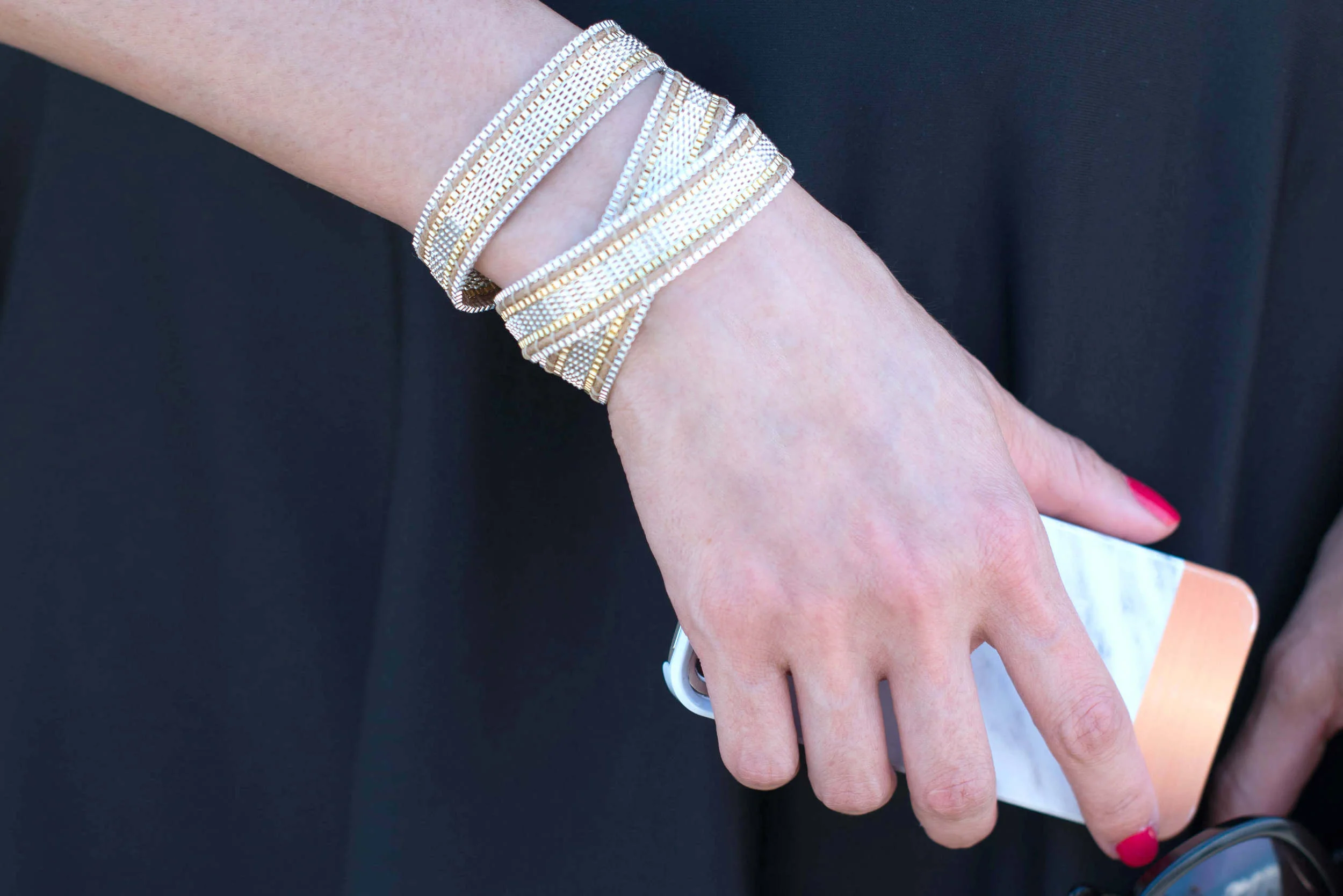 Geoffrey Scott Mesh Wrap Moto Bracelet and Marble iPhone Case