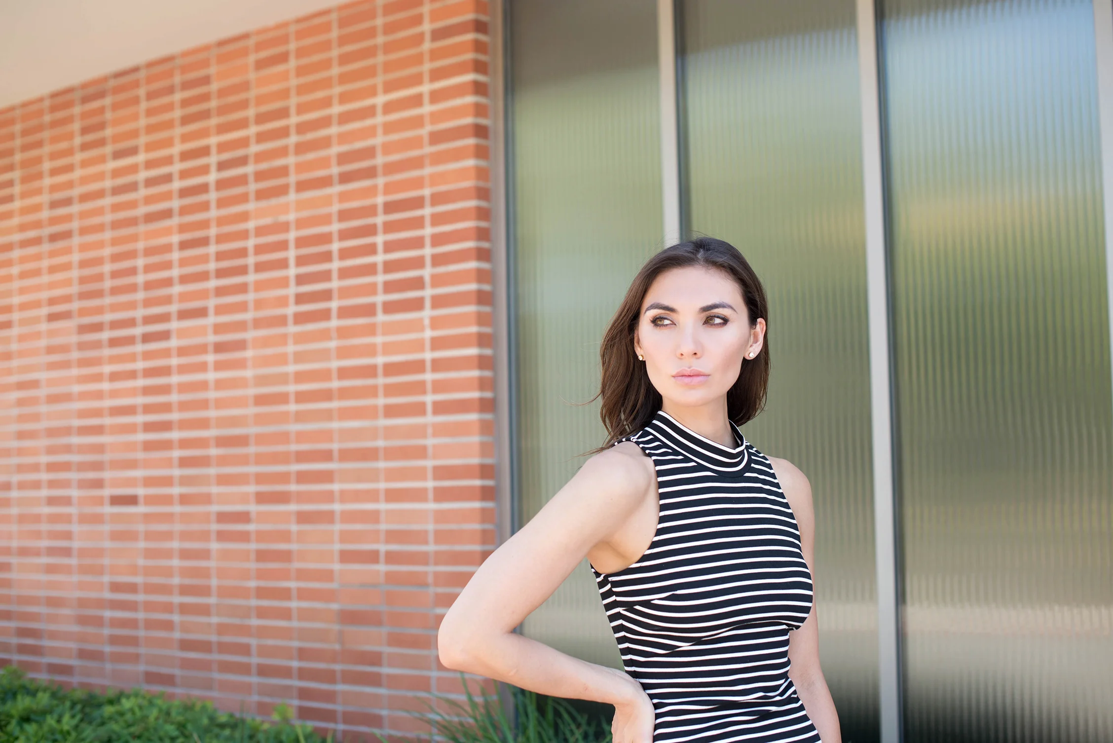 Striped Body Con Mock Neck Dress