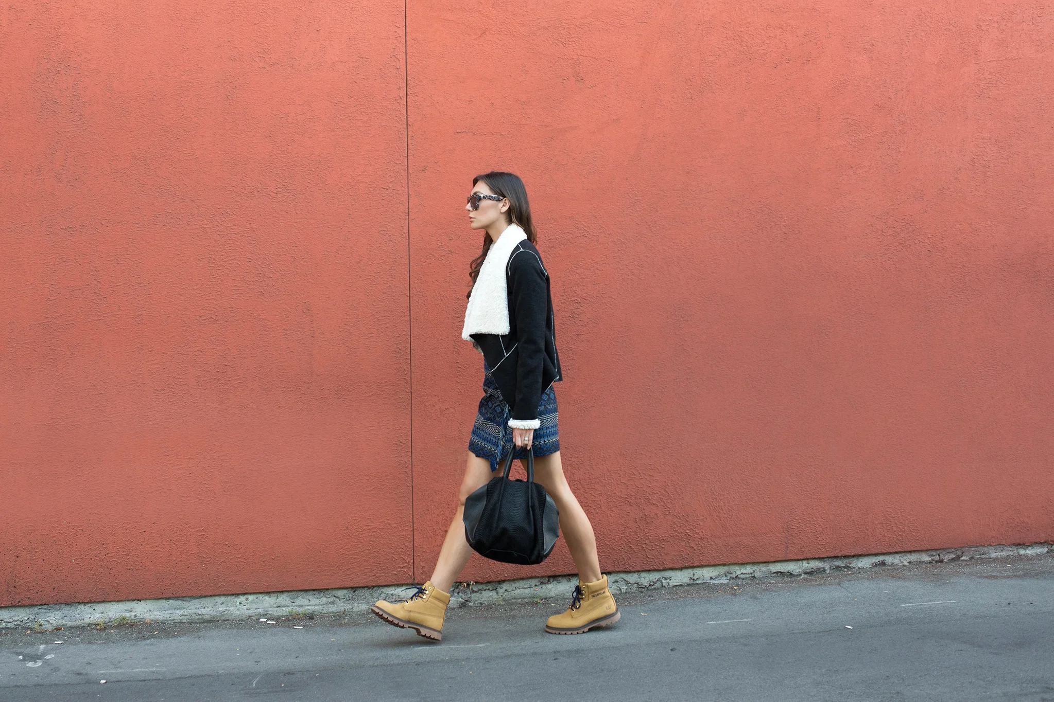 COAT. TOP . SKIRT . BAG . WRAP NECKLACE . BRACELET . SUNGLASSES . SHOES . 