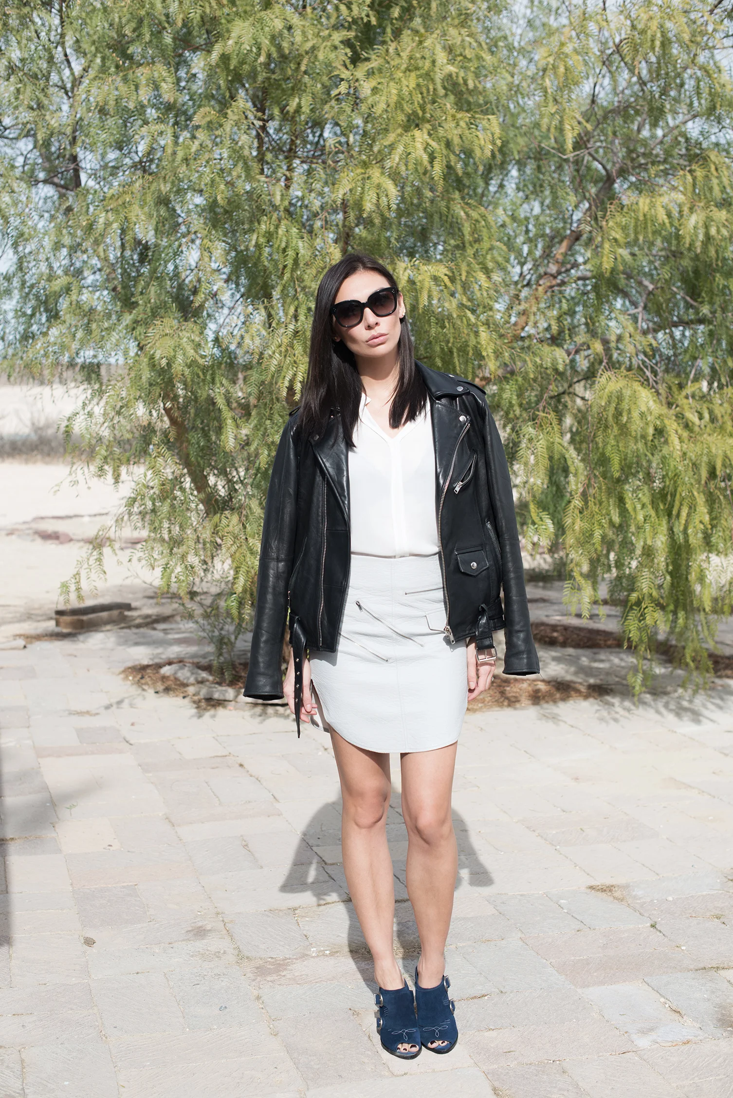 JACKET (stolen from Nikko - men's size medium.) TOP. SKIRT (in grey HERE ) SHOES (also HERE and HERE ). EAR CRAWLERS. WATCH. SUNGLASSES.