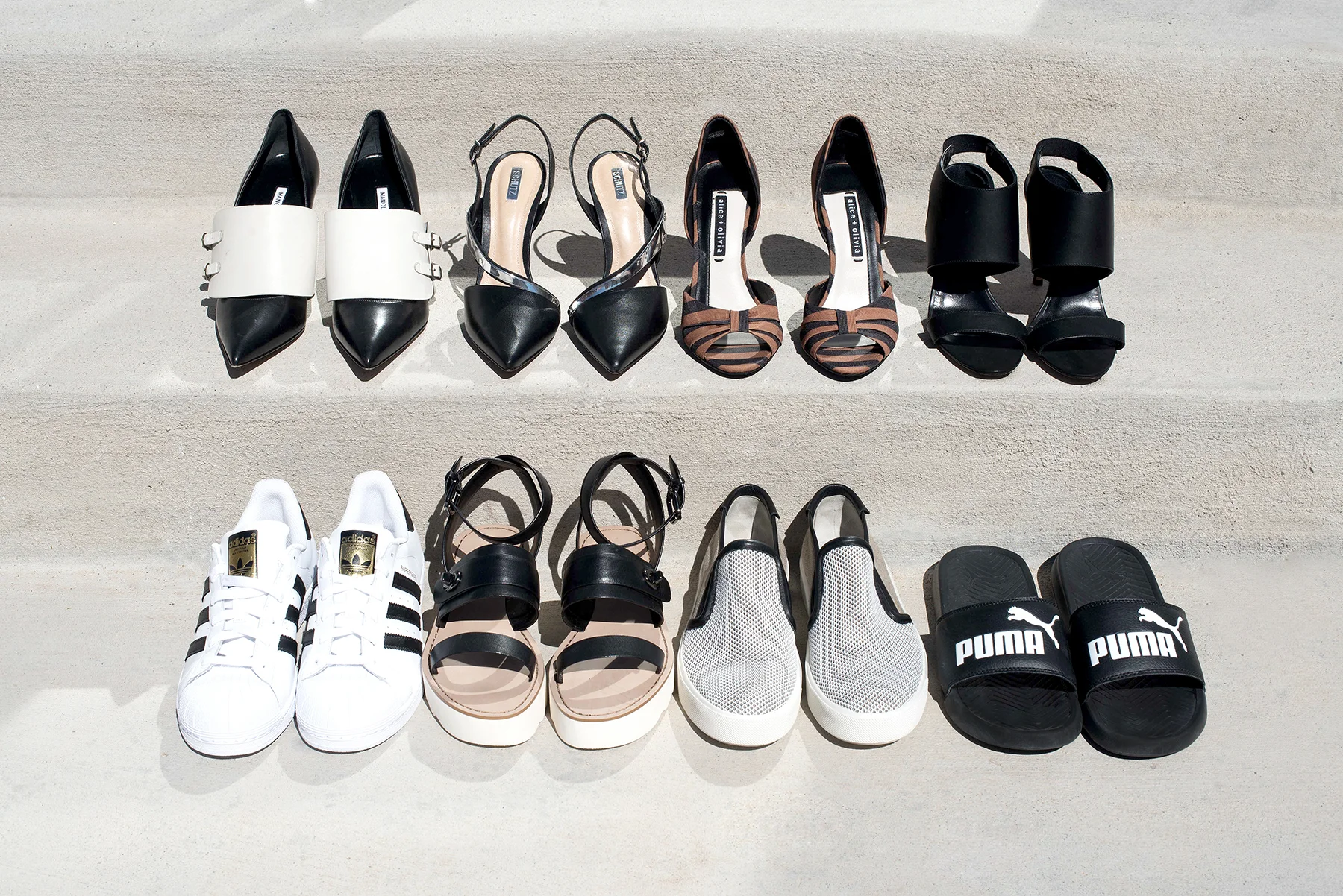 From top to bottom, left to right: Manolo Blahnik, Schutz, Alice & Olivia, Manolo Blahnik // Adidas, Coach, Vince, Puma