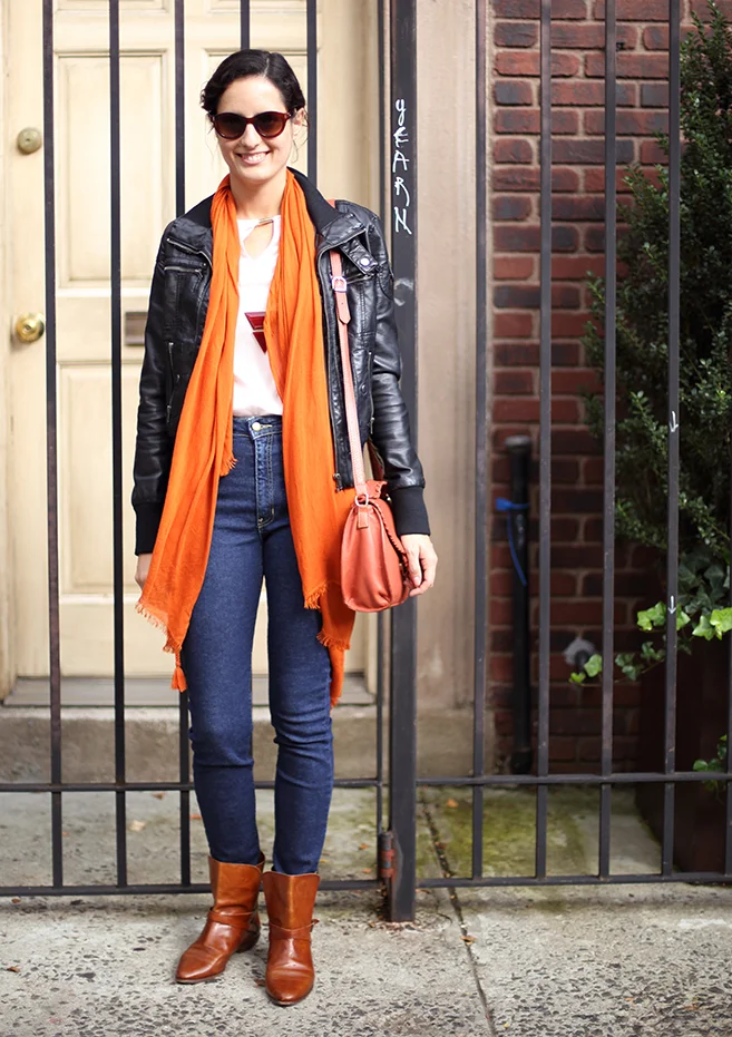Just a bright bag and scarf might be enough to do the trick, and perhaps a colorful geometric necklace for the office. (Photo of Ana)