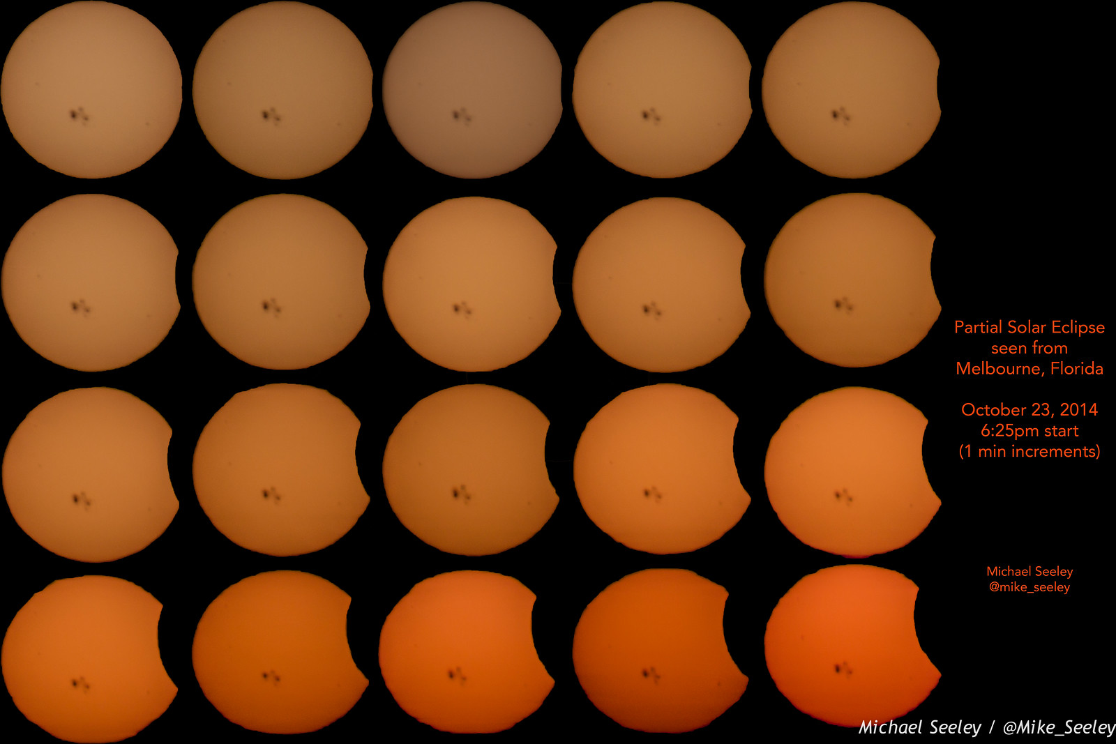 Patial Solar Eclipse Sequence as seen from Melbourne, Florida on October 23, 2014.