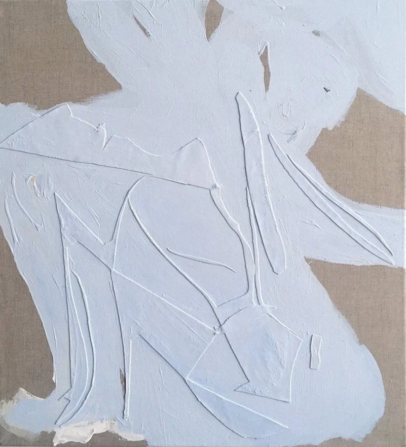 Stretch , 22” x 20”, acrylic and leather on linen, 2018
