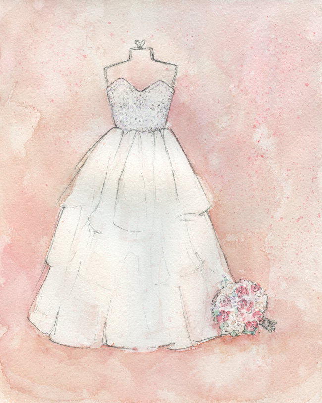 Custom Watercolor Wedding Dress Portrait by Lydia Makepeace