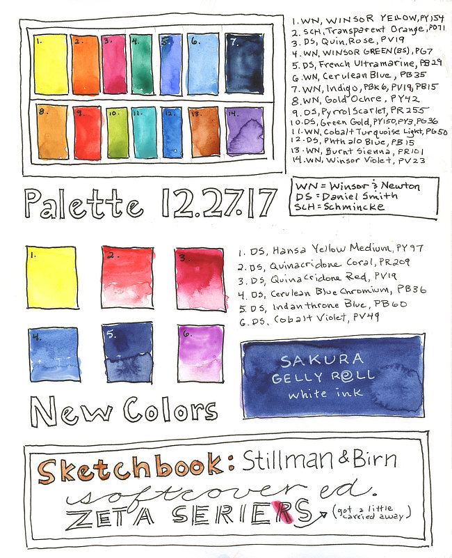 14 color watercolor palette illustration with paint swatches, color names, and pigment codes.
