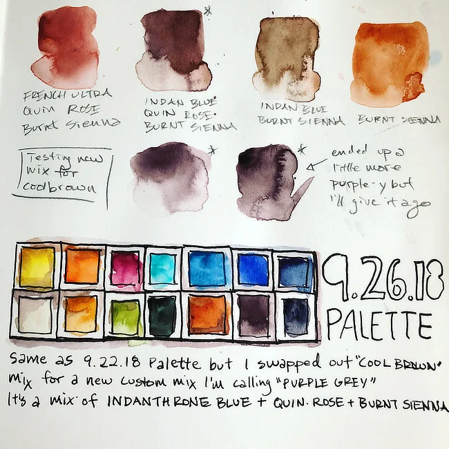 Illustration of 14 color watercolor travel palette with color swatches.