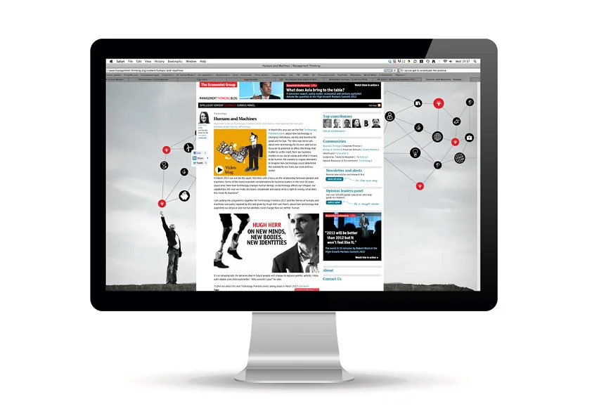 Design of the Management Thinking blog platform. The website centred around the concept of communities. Editors from the research and event teams wrote blog entries that tied into their work, linking to valuable content or providing their opinions on topics. This created a platform for readers to engage and voice their comments.