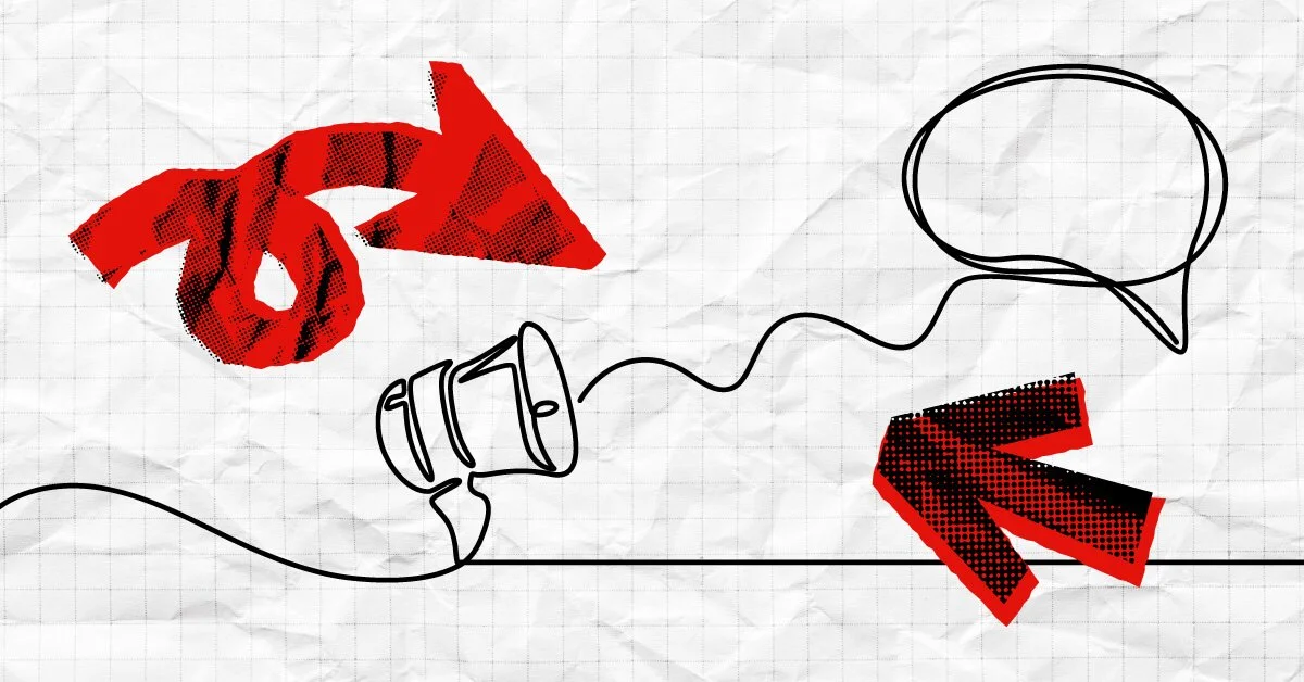 Sketch of a telephone with a cord, red arrows pointing left and right, and a speech bubble, on graph paper background.