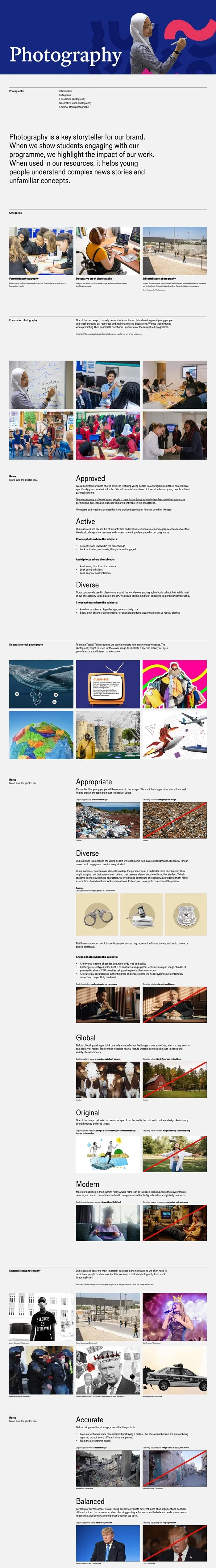 Sections from the photography page of The Economist Educational Foundation's brand guidelines