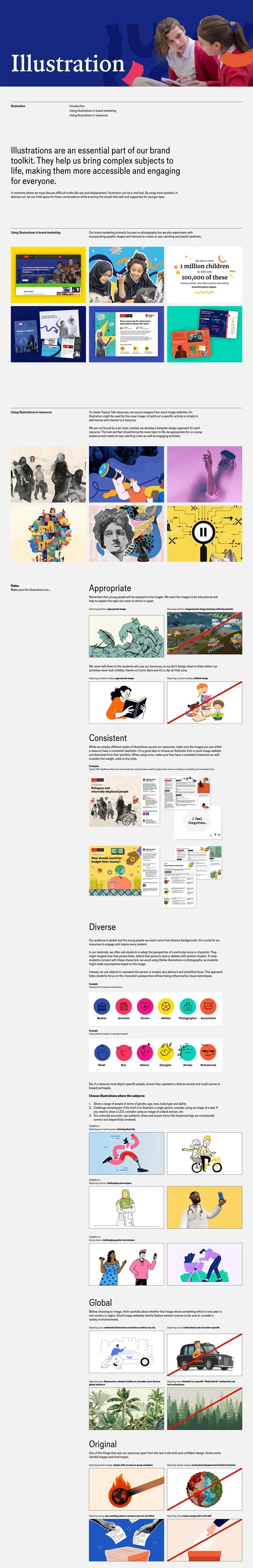 A digital infographic about illustration, featuring a header with the title 'Illustration' and sections discussing the importance, characteristics, and types of illustrations including varied images such as children drawing, digital art, abstract images, and illustrations representing global and original concepts.