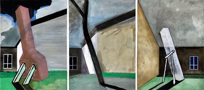 Skoskyrkogarden (Asplund) , 1985, triptych, gouache, 3 x 31 x 23 cm
