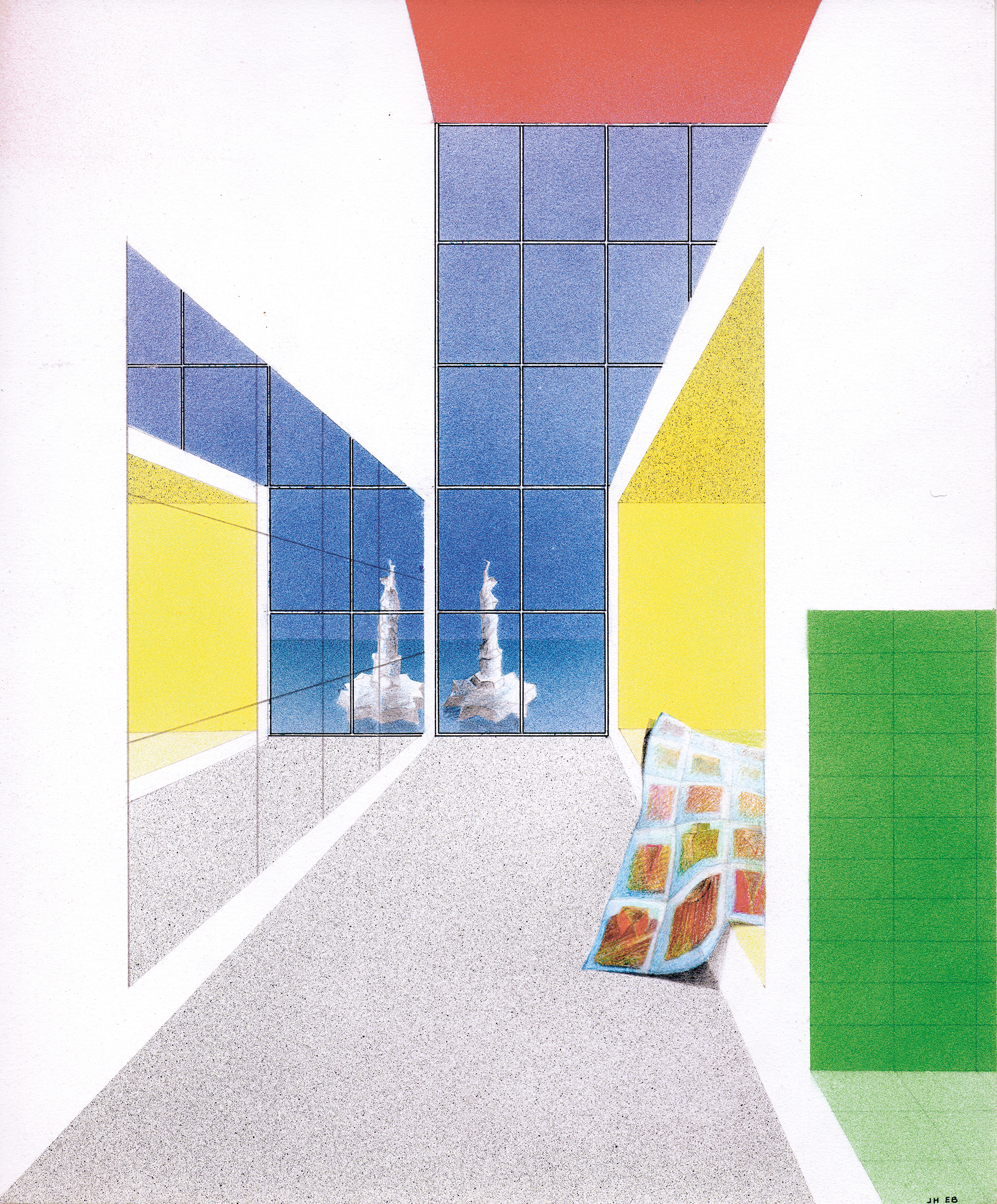 Reminiscences / The jumper-duvet , 1985 Airbrush painting, pencil on paper 25.7 x 21.2 cm