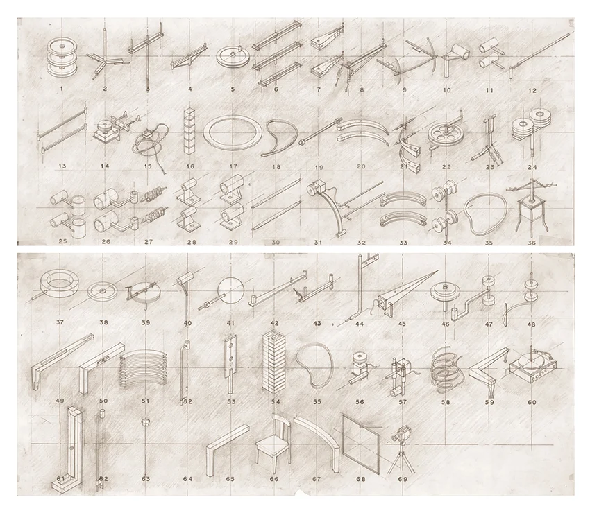 Bed Machine (objects 1-36) & Bed Machine (objects 37-69), 1991 graphite on tracing paper 52 x 58.5 cm