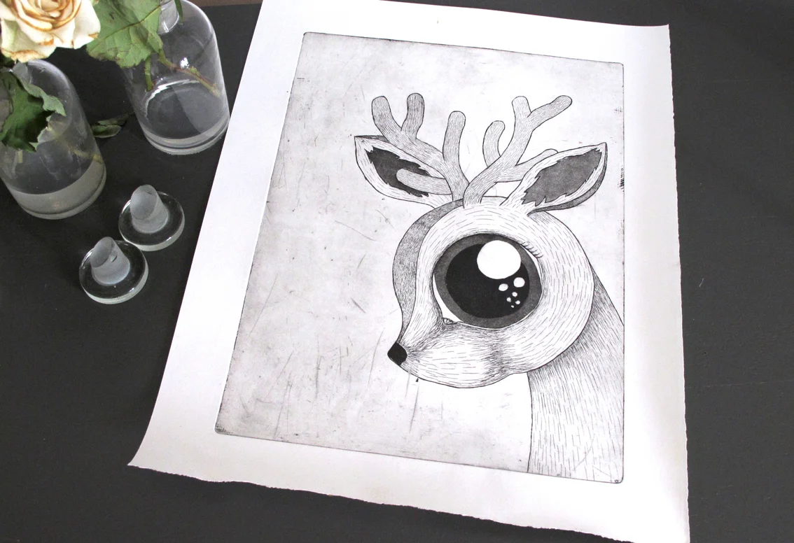 An etching of a Dear Deer.