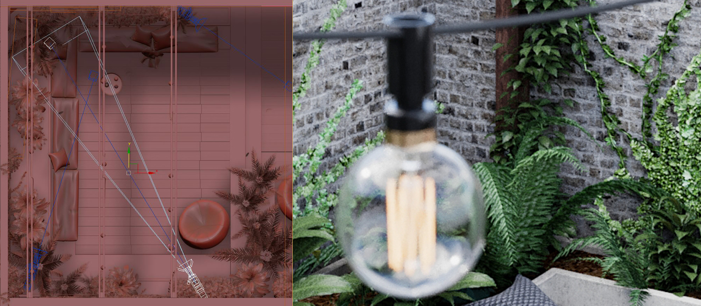 Camera target near the planting, light bulb in foreground out of focus.