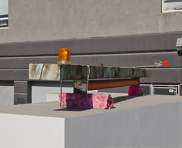   Untitled (LW) , 2015  PT wood beam, steel, concrete, light, gull weep and paint. 20 x 144.5 x 23 inches 