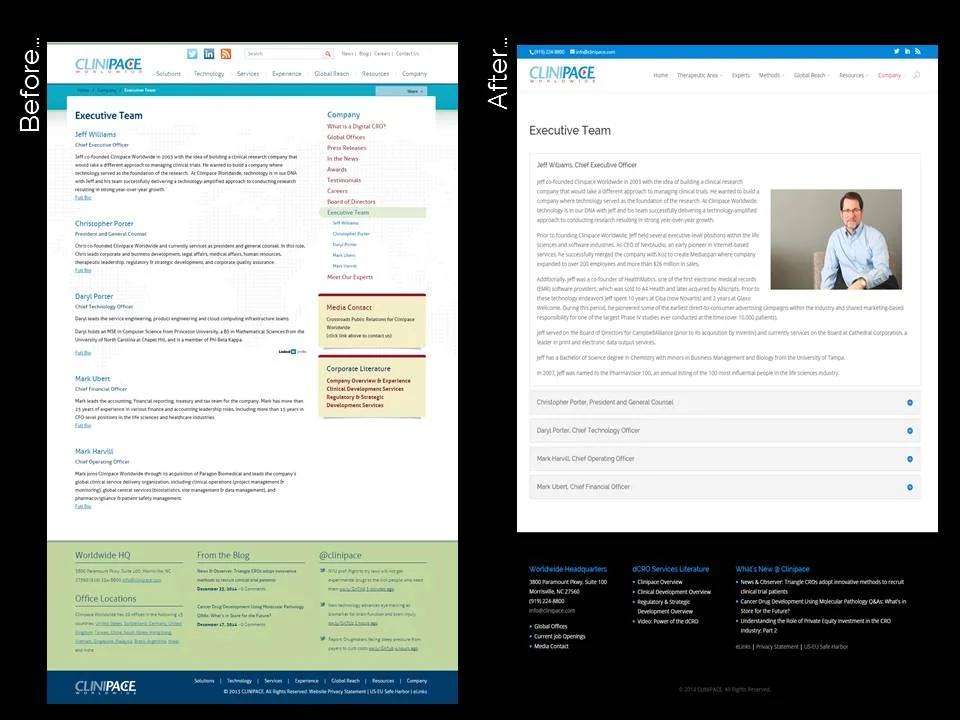   Clinipace: &nbsp;Before &amp; after screens of the new Clinipace.com  