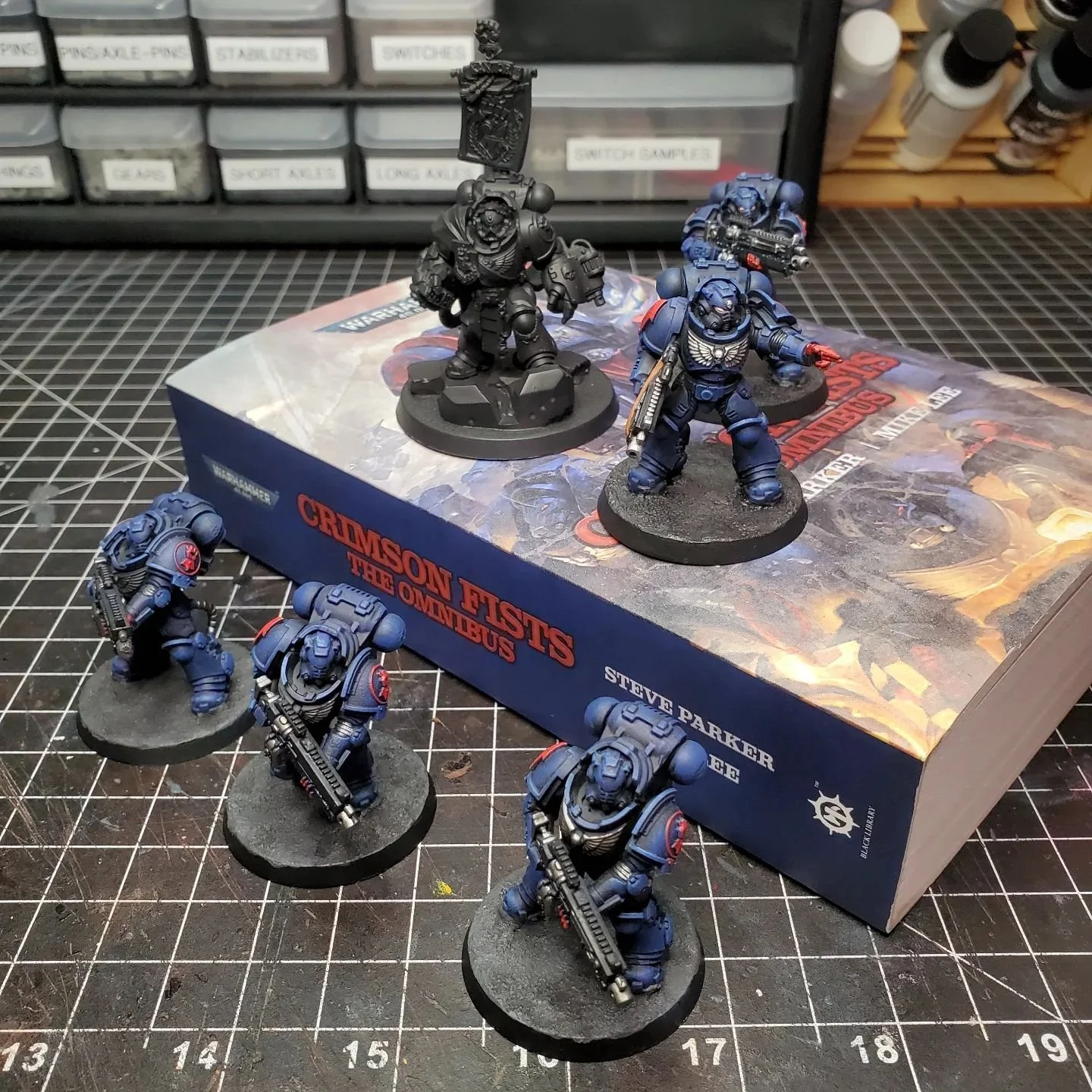 Palette cleanser: Primaris Pedro Kantor w/ honor guard, along with some relevant reading material. Picked up the painted heavy intercessors on ebay a while ago with this project in mind; they're a decent start and were dirt cheap, so they just need s