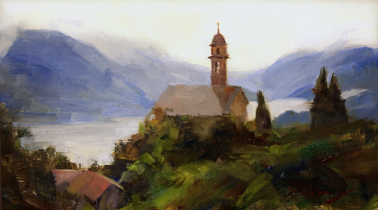 Michelle Dunaway - "Morning Mist over Lake Como Italy" 14 x 8 in - unframed oil on linen - $1000