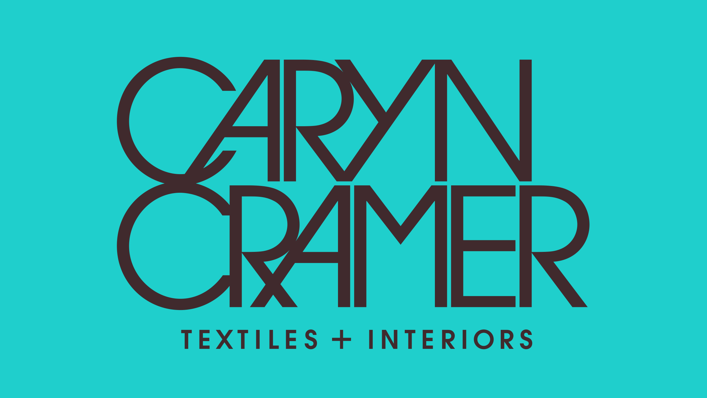 Textile and interior design company logo reading 'CARYN GAMER TEXTILES + INTERIORS' in black stylized font on a turquoise background.