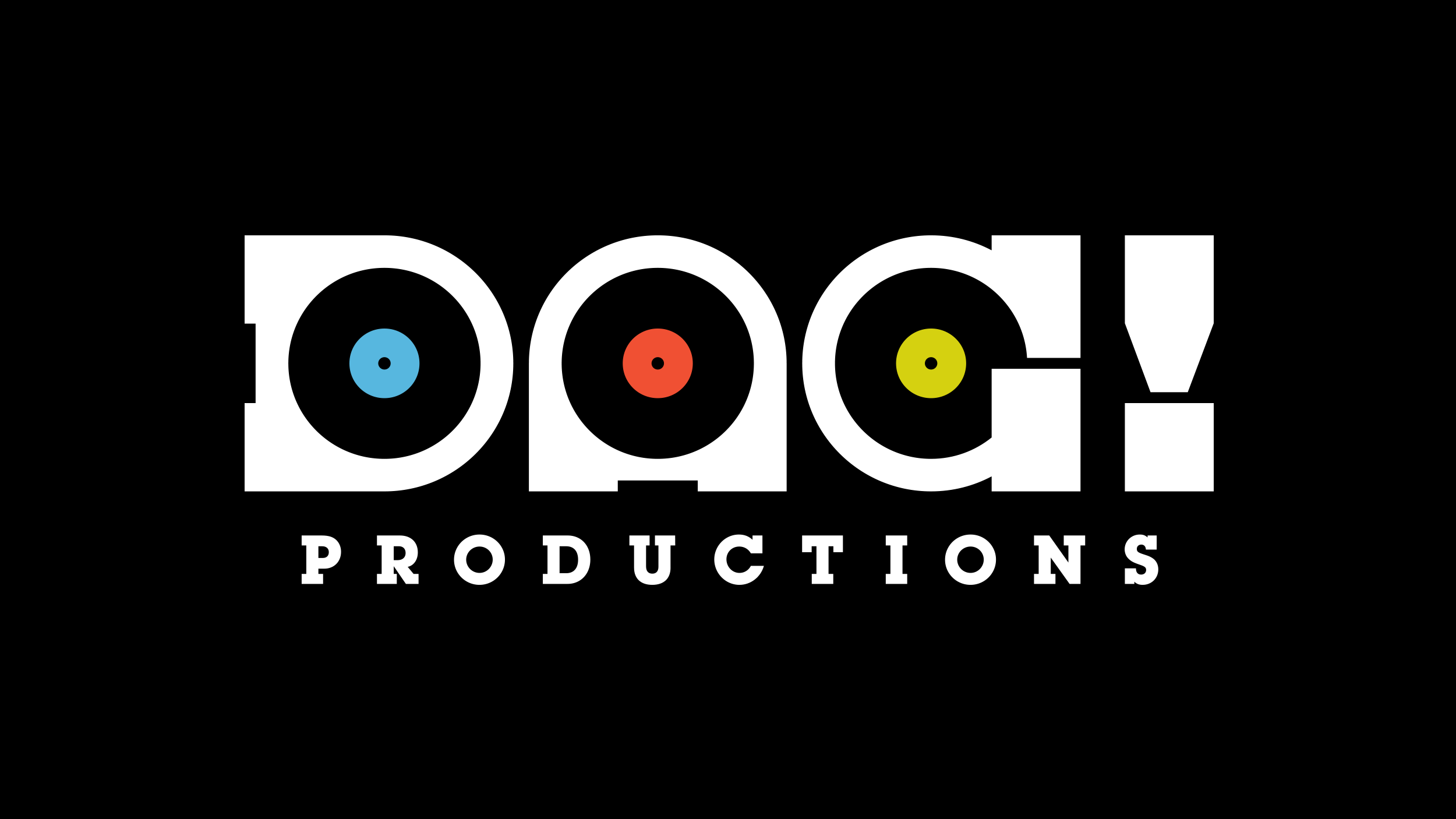 Logo for Daci Productions with the word 'Daci' in large white letters, each letter with a colored record in the middle, on a black background, and 'Productions' written below in smaller white letters.
