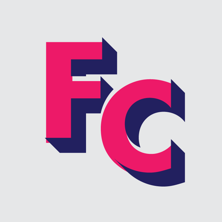 Bold letter F and C in pink and navy blue with 3D shadow effect on a light gray background.