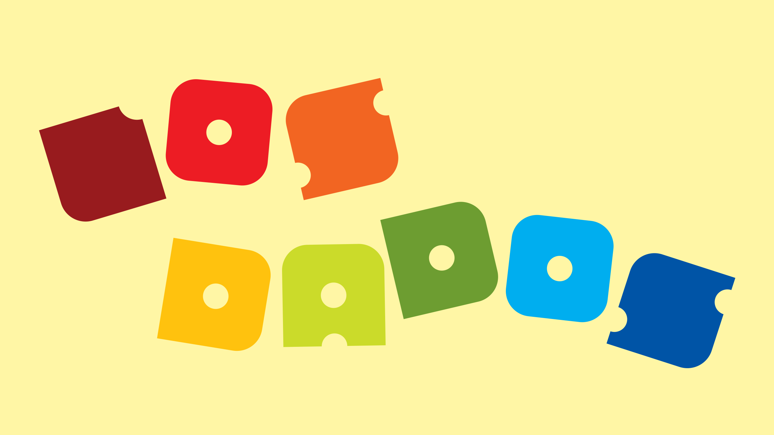 Colorful puzzle pieces floating on a light yellow background.