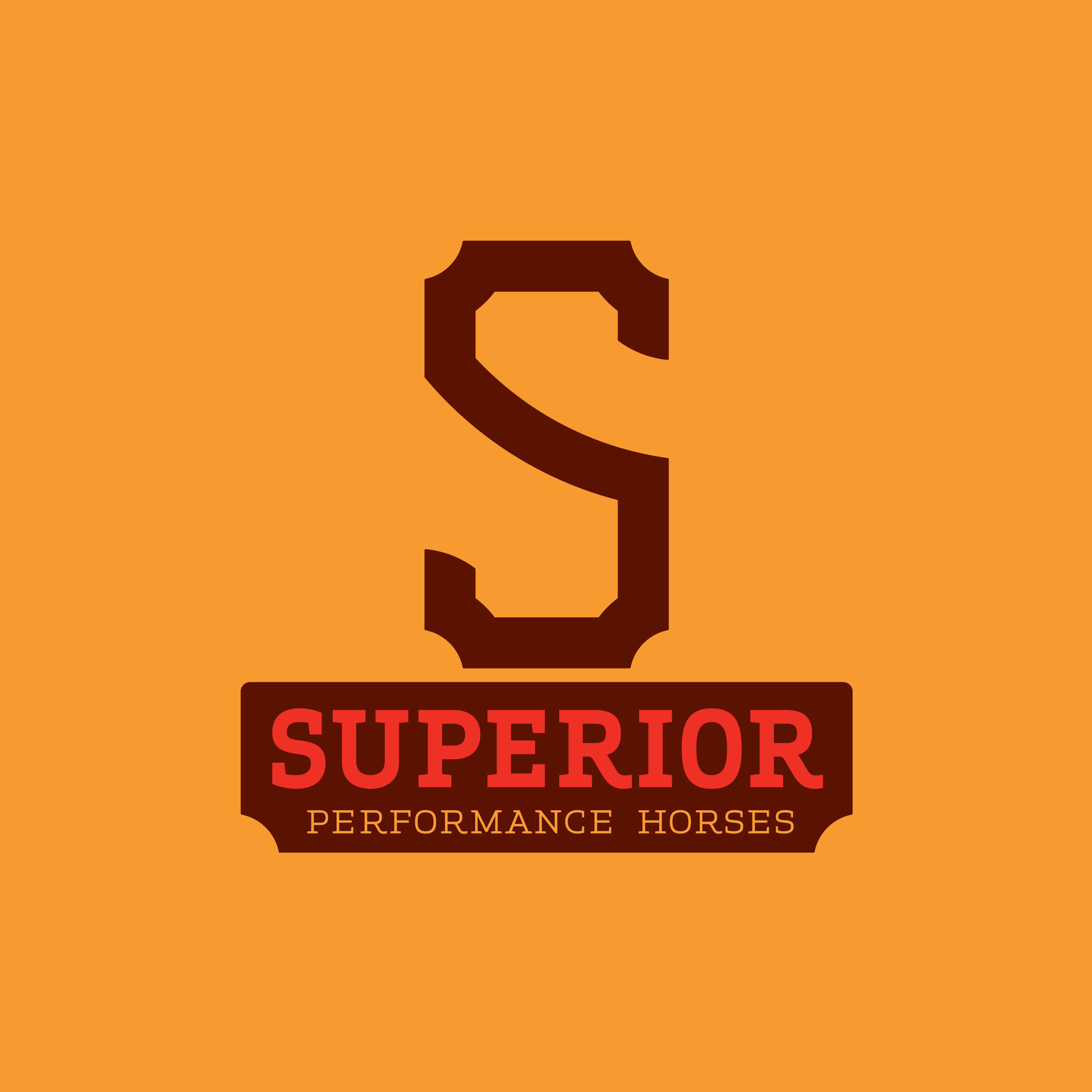 A logo with a dark brown silhouette of a horse's head on an orange background, with the text 'STIRRER SUPERIOR' and 'PERFORMANCE HORSES' in red and gold lettering.