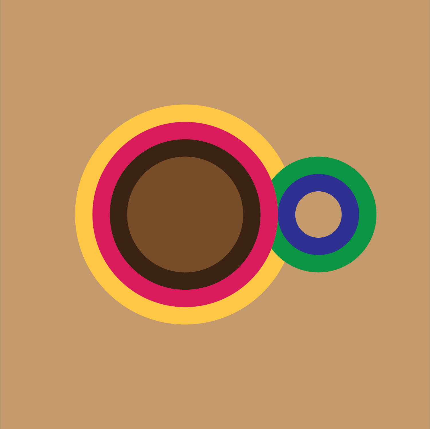 Abstract geometric art with concentric circles and arcs in brown, pink, yellow, green, and blue on a beige background.