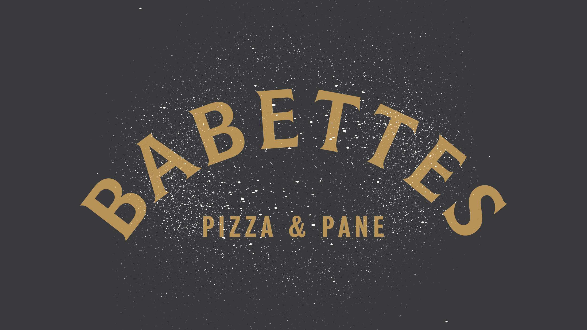 Decorative sign with the word 'BBQETTE' in gold letters, surrounded by white splatter on a dark background, with additional text 'pizzas & pane' underneath.