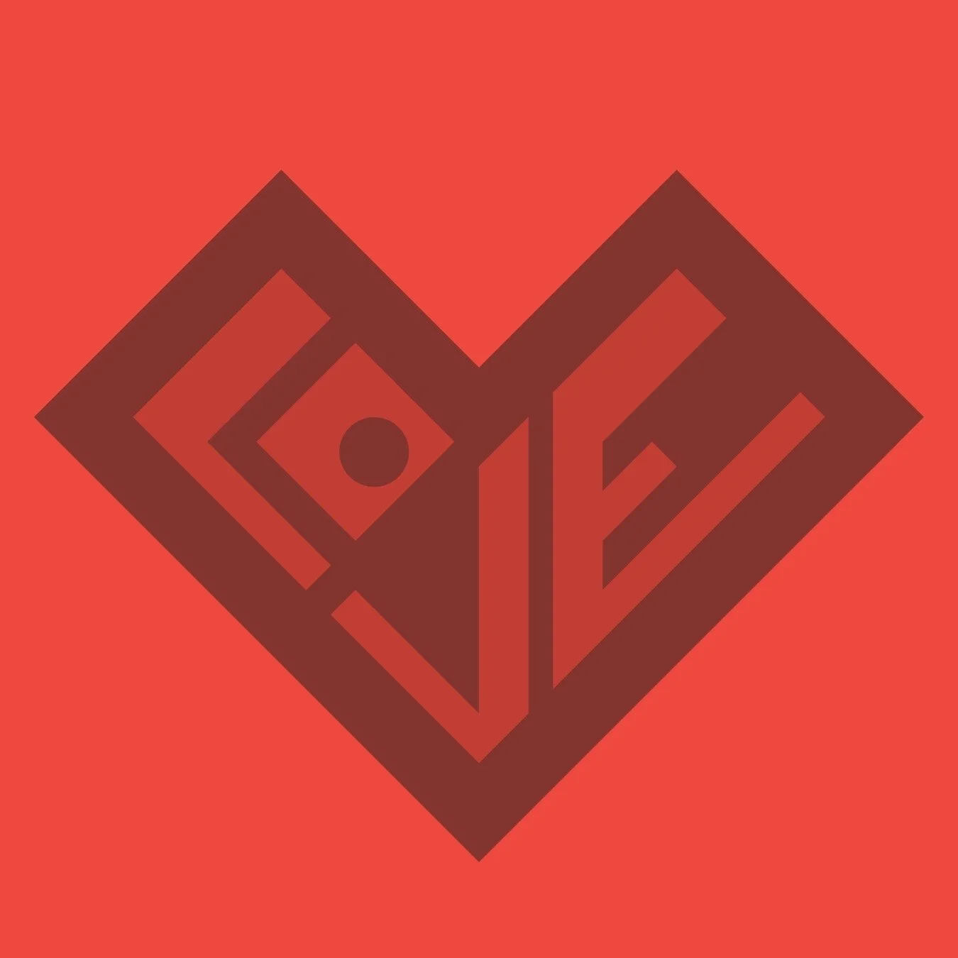A geometric logo featuring a stylized heart shape with angular lines in dark red on a red background.